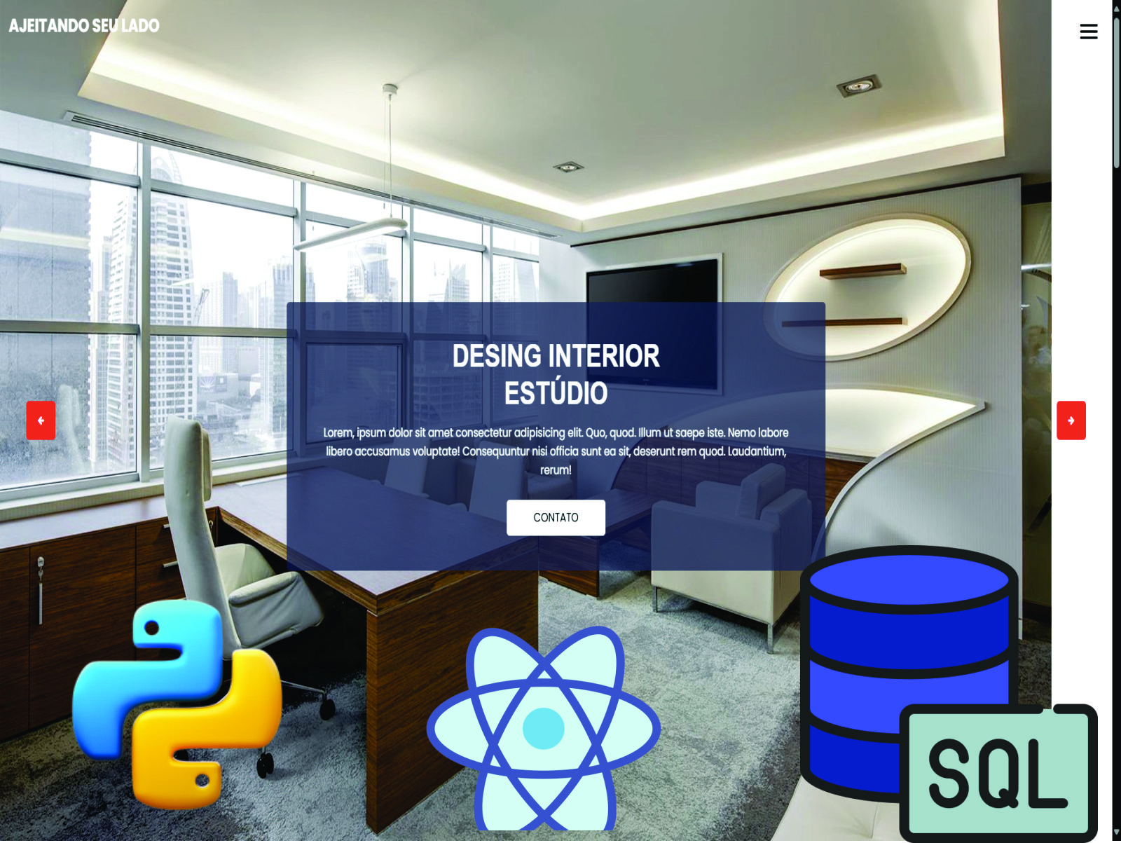 Imagens de um modelo de site da ASL com logotipos do python, react e sql